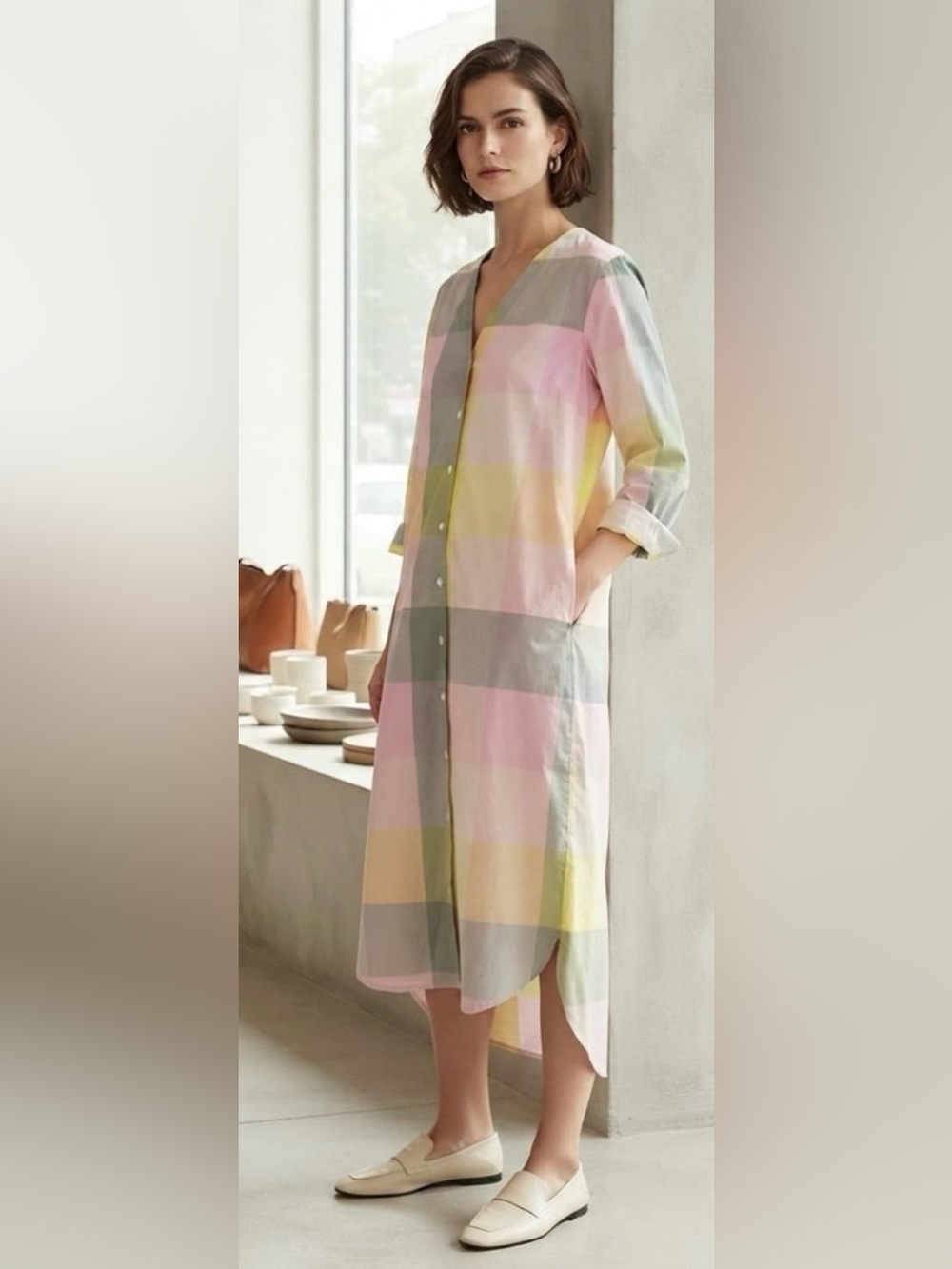 COS Pastel Check Cotton V-Neck High Low Shirt Dress EU 36 US 4 Pockets